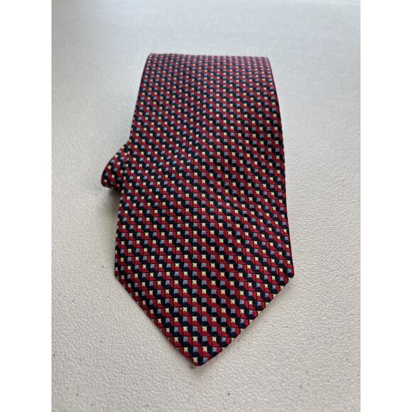Bruno Pirttelli Red with Blue and Tan Geometric 100% Silk Designer Tie - Picture 1 of 7
